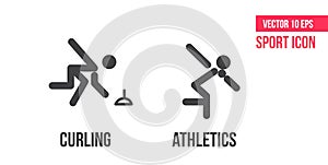 Curling and athletics sign icon. Set of sport vector line icons, logo. Curling and athletics pictogram
