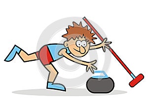 Curling, boy with stone and brush, eps.