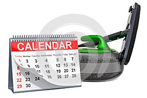 Curling broom and curling stone with calendar, curling events calendar concept. 3D rendering