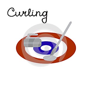 Curling game elements: broom, stone and sheet,