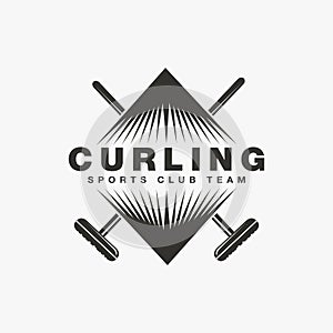 Curling logo sport vector with crossed curling brooms concept