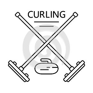 Curling poster. Two crossed brooms, stone and text. Linear icons of winter sport game. Black simple illustration. Contour isolated