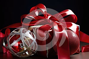 curling ribbon, glittering ornaments and a red bow make for an eye-catching holiday package