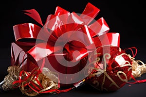 curling ribbon, glittering ornaments and a red bow make for an eye-catching holiday package