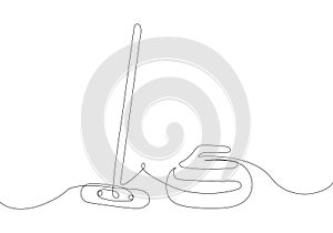 Curling set with broom and stone one line art. Continuous line drawing of sport, winter, match, player, sports, activity