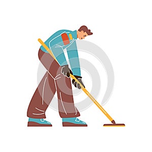 Curling sport game player with curling broom vector flat illustration, cartoon sportsman glides brush with precision