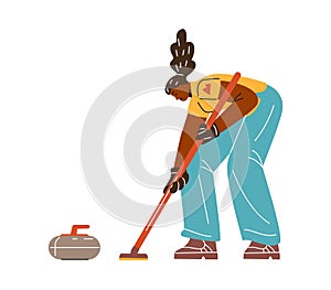 Curling sport game player with curling stone and broom, vector cartoon sportswoman glides brush with precision