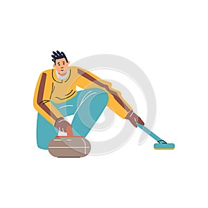 Curling sport game player with curling stone and broom vector flat illustration, cartoon sportsman glides with precision