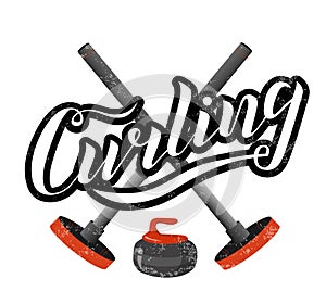 Curling sport lettering text with broom and stone on white background. Vector illustration