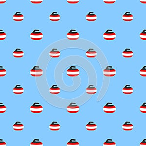 Curling stone with red handle vector seamless pattern in a flat style. Winter sport print with curling rock icons on a