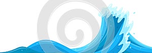 Curling wave causing flood. Tsunami wave splash background in cartoon style. Vector illustration