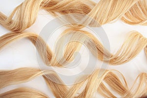 Curls curled on the Curling iron, isolated on white background. strand of blonde hair, hair care photo