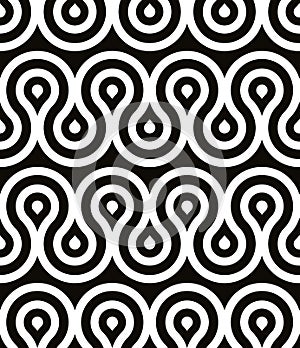 Curls seamless pattern, black and white retro style geometric ve