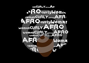 Curly afro hair, portrait African Woman , dark skin female face with ethnic traditional curly hair afro, cartoon style and text photo