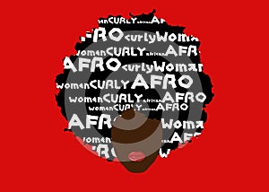 Curly afro hair, portrait African Woman , dark skin female face with ethnic traditional curly hair afro, cartoon style and text photo