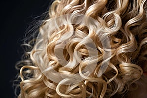 Curly blond hair closeup, no face. Back view of beautiful blond woman with long wavy hair. AI generated image