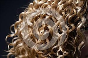 Curly blond hair closeup, no face. Back view of beautiful blond woman with long wavy hair. AI generated image