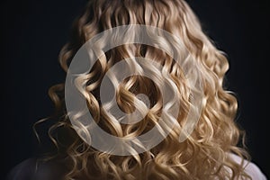 Curly blond hair closeup, no face. Back view of beautiful blond woman with long wavy hair. AI generated image