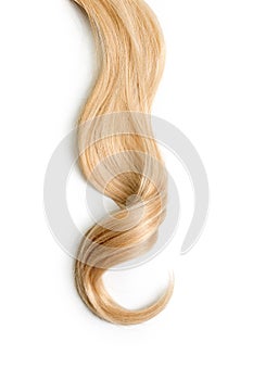 Curly blonde hair isolated on white background. Beautiful healthy long blond hair lock, haircut, hairstyle. Dyed hair or coloring