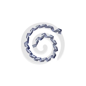 Curly blue satin ribbon in the form of spiral, isolated object on the white background