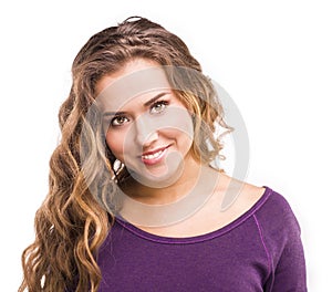 Curly brunette in the studio. smile