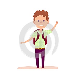 Curly Cheerful Boy with Brief-bag Waving by Hand