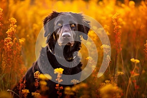 Curly coated retriever dog sitting in meadow field surrounded by vibrant wildflowers and grass on sunny day ai generated