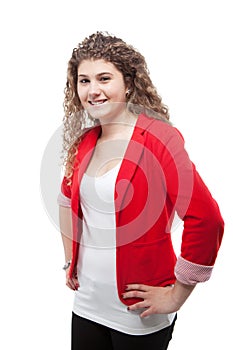 Curly cute girl over white background