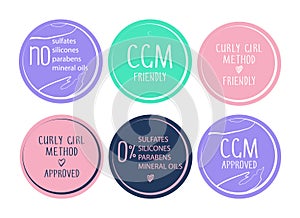 Curly girl method (CGM) approved product symbol set. No sulfates, silicones, parabens, mineral oils. Round icon collection for