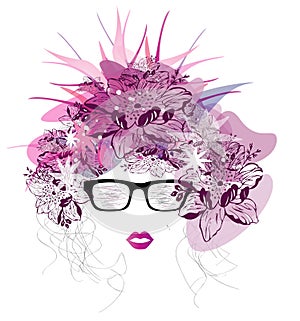 Curly girl scetch portrait isolated with purple transparent flowers