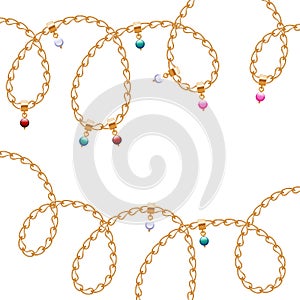 Curly golden chains with colorful beads background