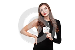 curly hair brunette posing with two aces cards in her hands, poker concept isolation on white background