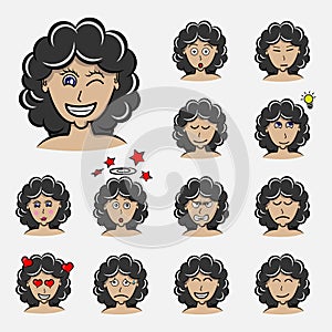 Curly hair women emotions. Facial expression. Girl Avatar. Hand drawn style vector