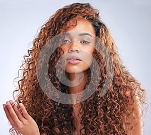 Curly, haircare or portrait of annoyed woman in studio on gray background with moody expression. Beauty, hair or unhappy