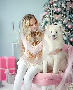 A curly-haired blonde with a best and faithful friend a purebred dog poses in a New Year& x27;s decorated studio