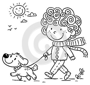 Curly-haired boy walks outdoors with his dog on a sunny spring day. Coloring page for children. Outline cartoon vector