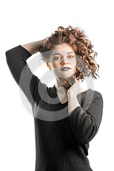 Curly haired caucasian woman portrait isolated