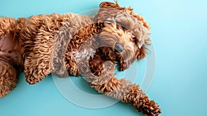 A curly-haired dog lounging against a blue background.