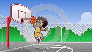 Curly haired kids playing basketball on the basketball court