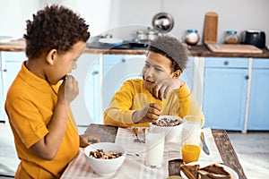 Curly-haired little boys chatting while eating cereals