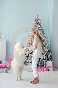 A curly-haired long-haired blonde dances around a new year tree with a white fluffy Samoyed