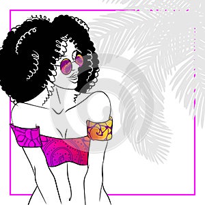 Curly haired woman in bikini photo