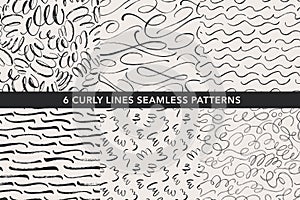 Curly lines hand drawn seamless patterns set. Vector ornaments for wrapping paper.