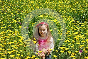 Curly little girl with a red bow in her hair. Girl on a green meadow among yellow flowers