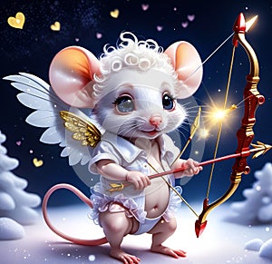 A curly little mouse with beautiful snow-white wings holds a bow and arrows in his hands.