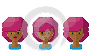 Curly Purple Hair Girl Flat Vector Emotion Icon Set