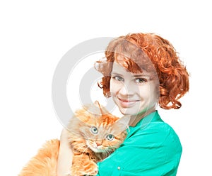 Curly red-haired girl with a red cat