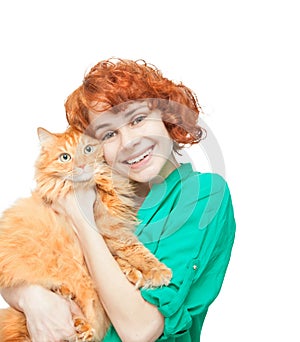 Curly red-haired girl with a red cat isolated