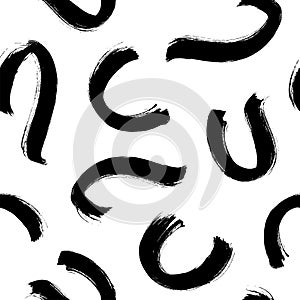 Curly waves hand drawn seamless pattern. Ink brush strokes grunge vector texture. Black wavy lines on white background.