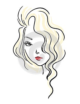 Curly wavy hairstyle girl. Hand drawn beautiful woman`s face with stylish hairstyle.